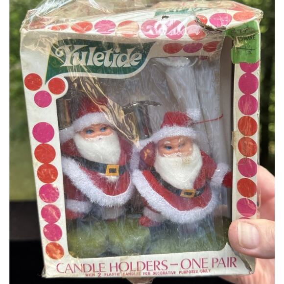 1960’s Yuletide Brand Christmas Velvet Santa Candle Holders Original Box! T28 - Picture 2 of 7